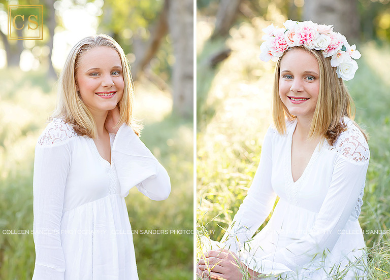 Spring senior pictures, oak trees, grass, blue dress, flower crowns, by El Dorado Hills senior photographer Colleen Sanders Photography.