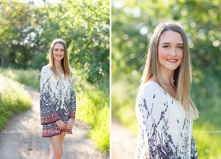 Spring senior pictures, oak trees, grass, blue dress, flower crowns, by El Dorado Hills senior photographer Colleen Sanders Photography.