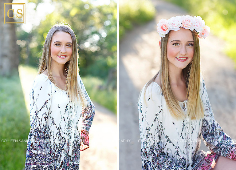 Spring senior pictures, oak trees, grass, blue dress, flower crowns, by El Dorado Hills senior photographer Colleen Sanders Photography.