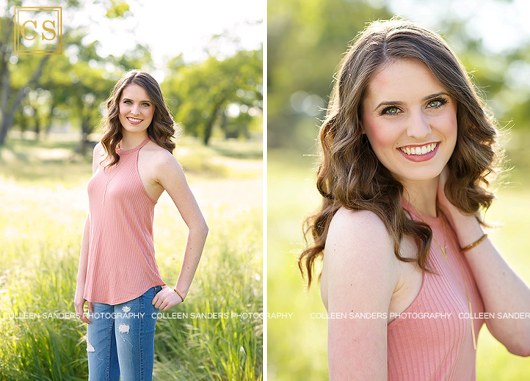 Oak Ridge senior in the class of 2017, wearing a pink shirt and jeans, floral crown in El Dorado Hills, features oak trees and grasses, by senior photographer Colleen Sanders.