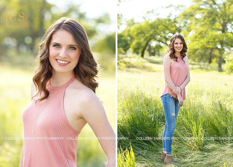 Oak Ridge senior in the class of 2017, wearing a pink shirt and jeans, floral crown in El Dorado Hills, features oak trees and grasses, by senior photographer Colleen Sanders.