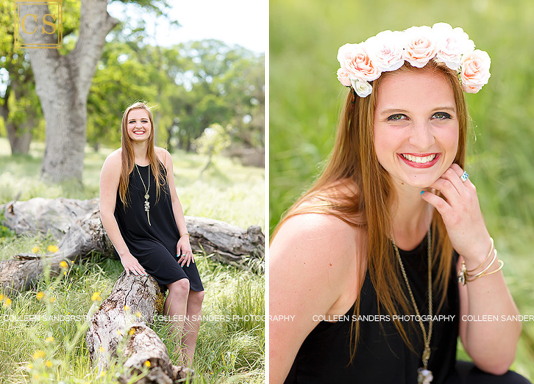 Spring senior pictures, volleyball player oak trees, grass, blue dress, flower crowns, by El Dorado Hills senior photographer Colleen Sanders Photography.