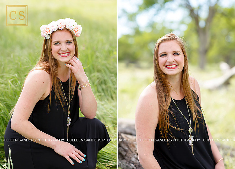 Spring senior pictures, volleyball player oak trees, grass, blue dress, flower crowns, by El Dorado Hills senior photographer Colleen Sanders Photography.