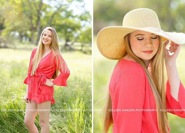 Oak Ridge senior in the class of 2017, wearing a coral romper, hat, floral crown in El Dorado Hills, features oak trees and grasses, by senior photographer Colleen Sanders.