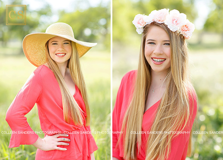 Oak Ridge senior in the class of 2017, wearing a coral romper, hat, floral crown in El Dorado Hills, features oak trees and grasses, by senior photographer Colleen Sanders.