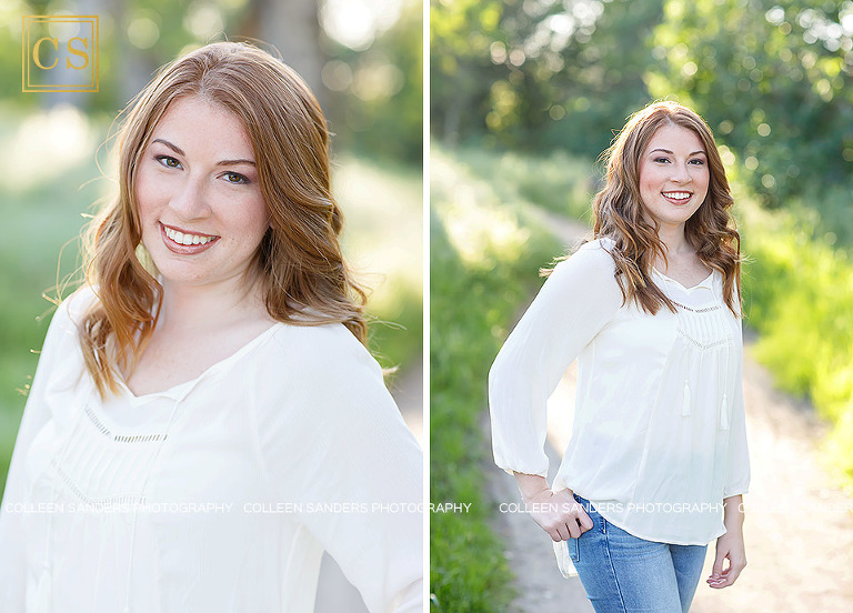 Oak Ridge senior with red hair in the class of 2017, wearing a white top and jeans, floral crown in El Dorado Hills, features oak trees and grasses, by senior photographer Colleen Sanders.