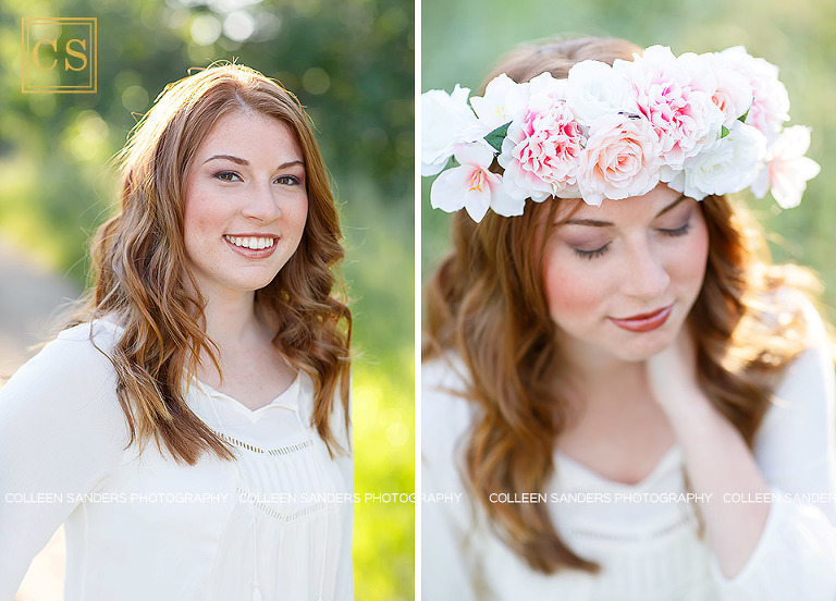 Oak Ridge senior with red hair in the class of 2017, wearing a white top and jeans, floral crown in El Dorado Hills, features oak trees and grasses, by senior photographer Colleen Sanders.