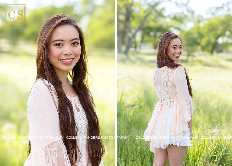 Oak Ridge senior looking flawless in hair pale pink shirt in the class of 2017, wearing a floral crown in El Dorado Hills, features oak trees and grasses, by senior photographer Colleen Sanders.