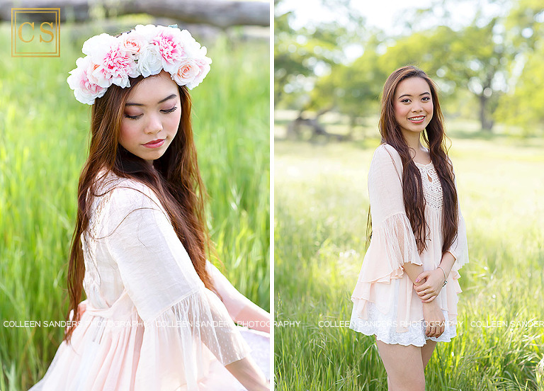 Oak Ridge senior looking flawless in hair pale pink shirt in the class of 2017, wearing a floral crown in El Dorado Hills, features oak trees and grasses, by senior photographer Colleen Sanders.