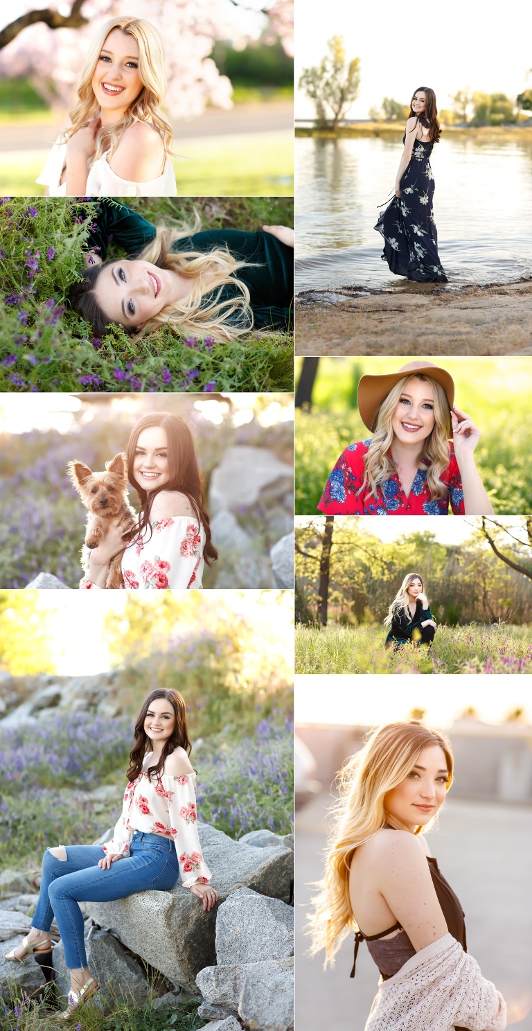 spring season senior session with wildflowers, flowers, dog, lake, field of flowers in El Dorado Hills by Colleen Sanders